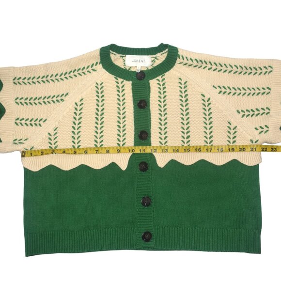 The GREAT. Scallop Sophomore Cardigan Sweater Green Cream Balloon Sleeves 2 M - Picture 8 of 10